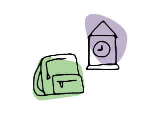 Cartoon drawing of school bag and clock